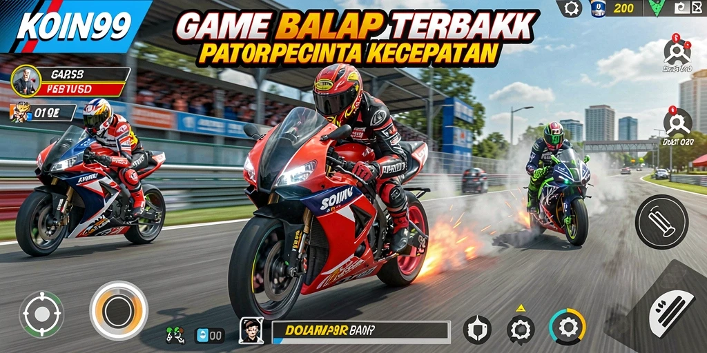 Gameplay seru KOIN99 dengan motor balap cepat dan trek menantang.