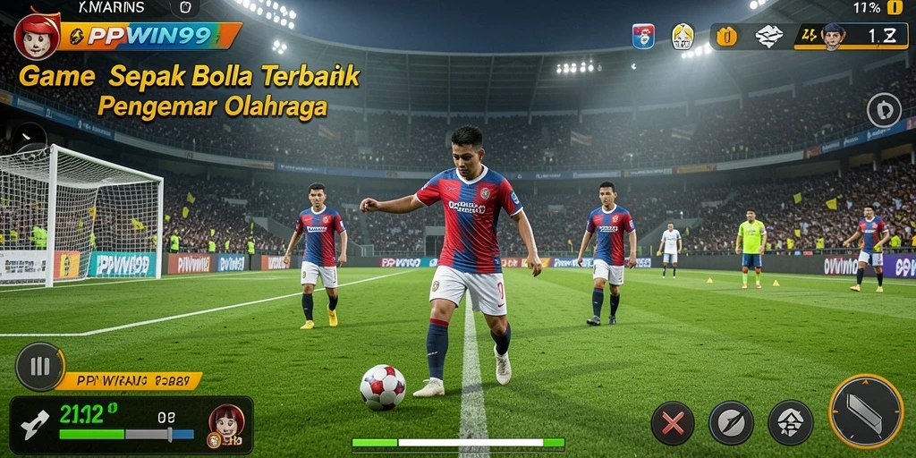 Screenshot gameplay PPWIN99 menunjukkan aksi pertandingan sepak bola yang mendebarkan.
