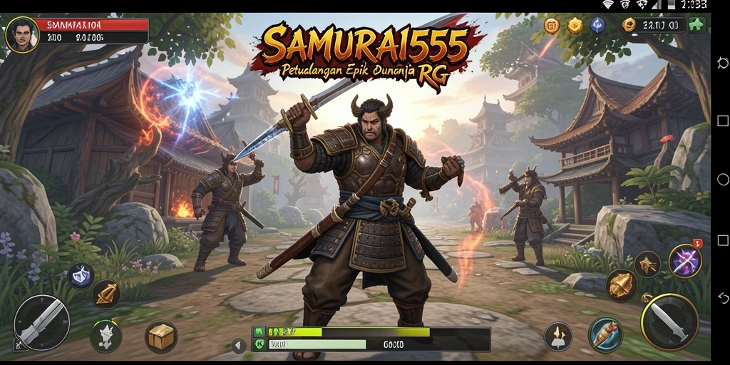 Screenshot SAMURAI555 menunjukkan pertempuran seru dalam dunia RPG yang memukau.